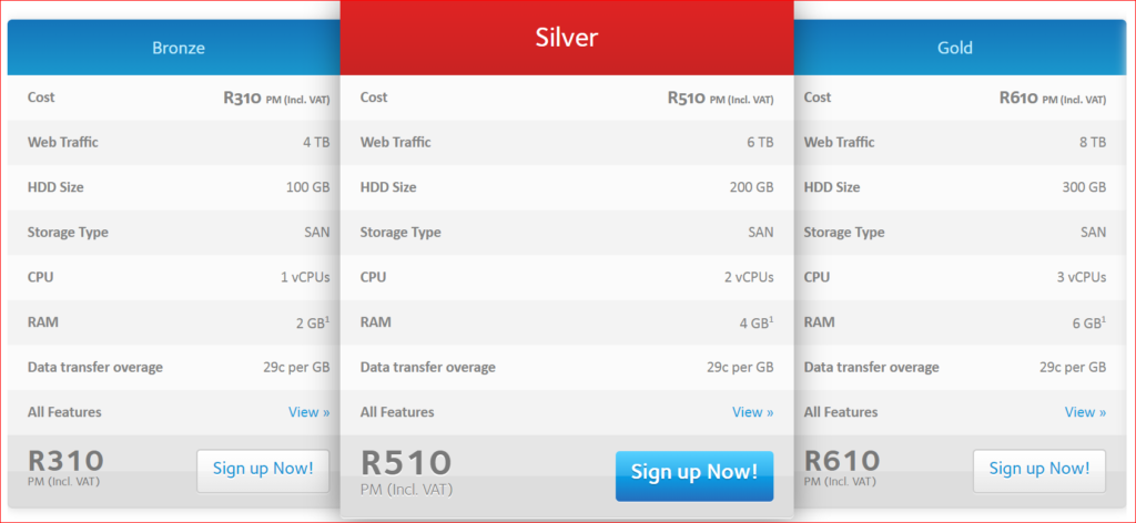 Afrihost cloud hosting pricing