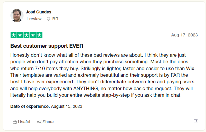 Strikingly support has received many positive reviews