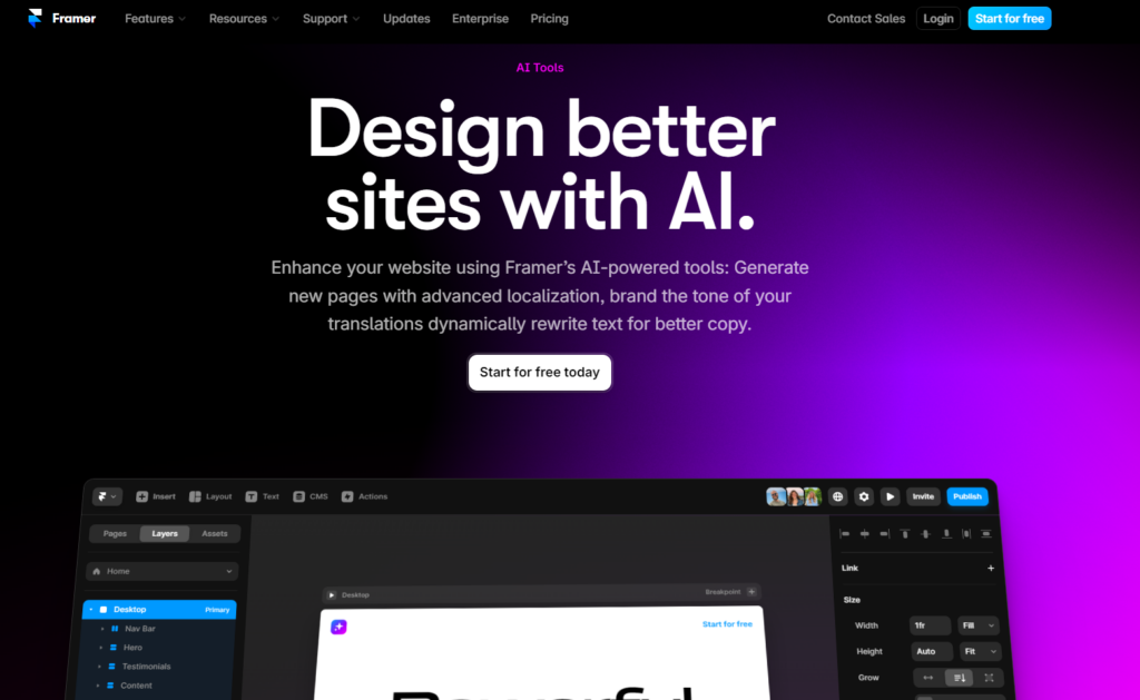 Framer is a unique platform that takes a different approach to AI website building. 