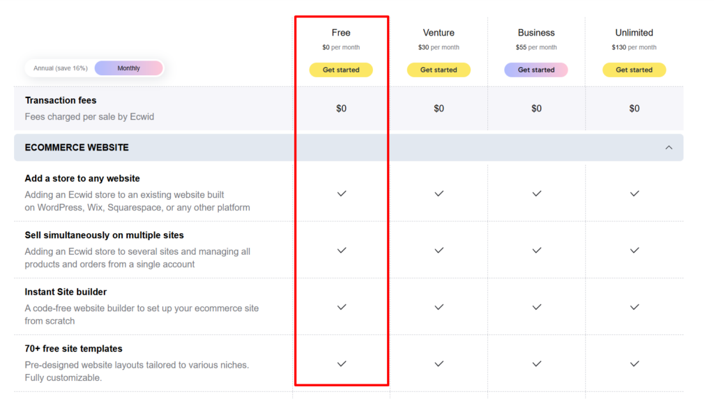 Ecwid presents a more budget-friendly option with its free plan