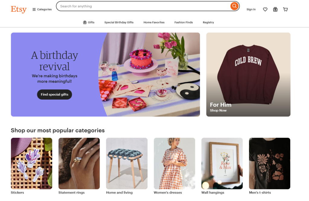 Etsy is a global online marketplace specifically focused on handmade items, vintage goods (at least 20 years old), and craft supplies.