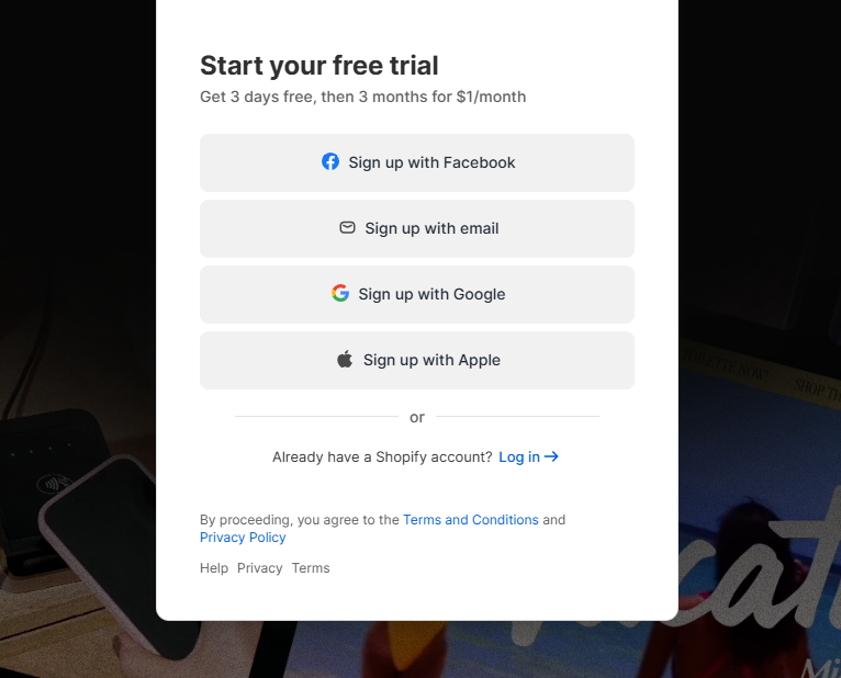 shopify sign up page